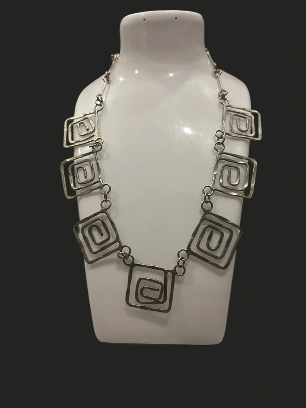 Boho Chunky Bib Necklace – Antique Silver Rectangle Spiral Design